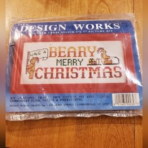 Christmas Counted Cross Stitch Design Works Vintage Beary Merry 3" x 7" Framed